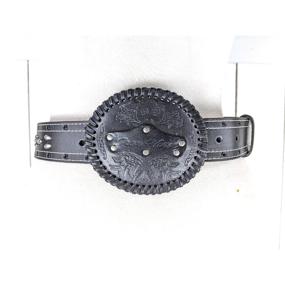 Vintage tooled black silver studded leather large western buckle belt